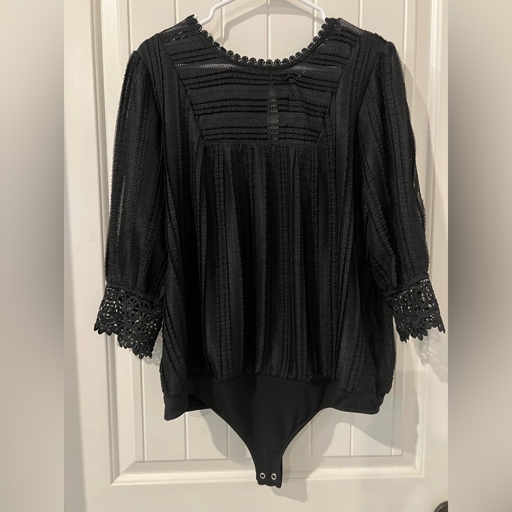 Express Black Crochet-Trim Knit Bodysuit Top